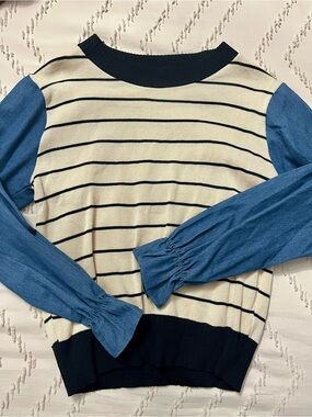 Striped Knit Sweater with Chambray Puff Sleeves | Medium